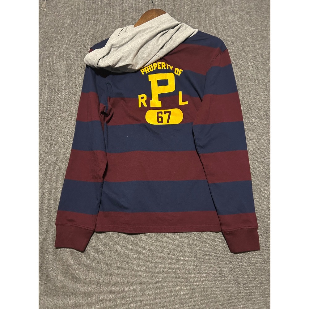Polo ralph lauren rugby hooded pullover kids burgundY blue XL cotton striped